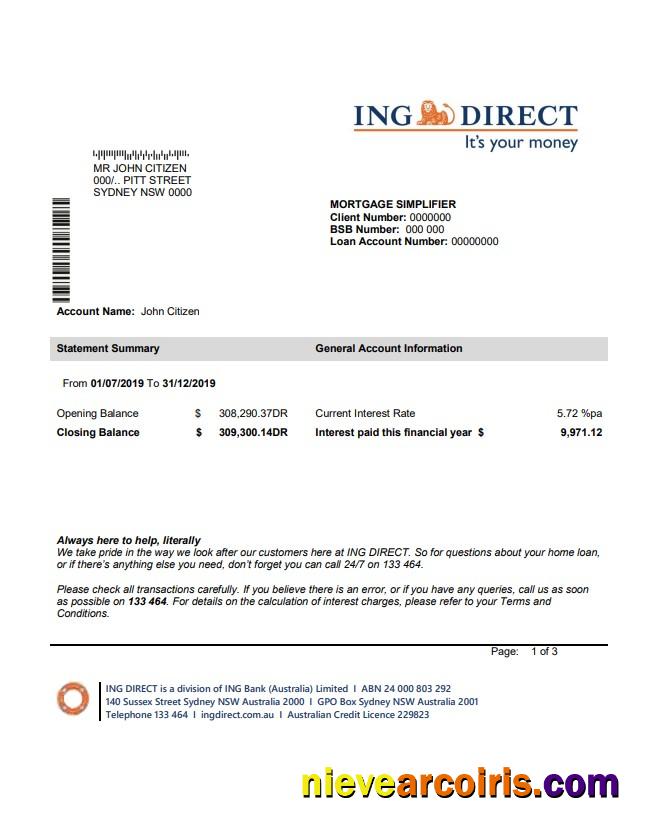 Australia ING Direct bank statement
